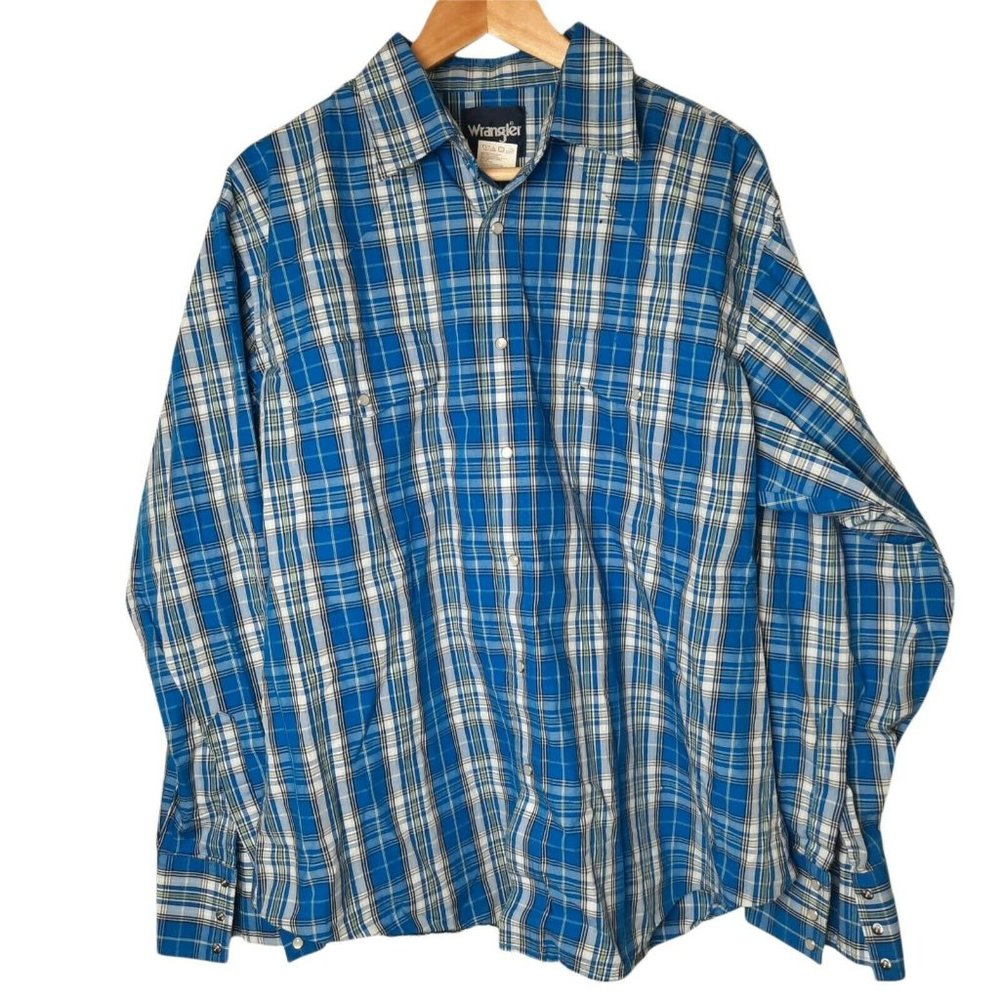 Wrangler Men's Shirt Button Up Plaid Blue White Pearl Snap Size Long Sleeve XL